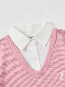 SHEIN Explorewe 2 pièces/set Chemise à carreaux vibrants waffle + shorts gris foncé pour filles préadolescentes, tenue décontractée pour l'école et les activités extérieures de printemps et d'été - Vieux Rose - Voir 6