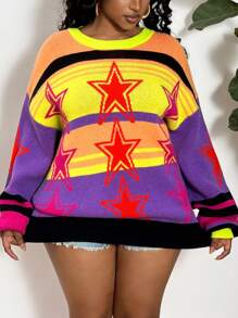 Slaydiva Plus Size Women Colorblock Striped & Star Pattern Sweater, Casual Autumn/Winter - Multicolor - View 1