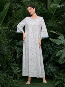 Al Najma Gaun Panjang Maxi Gaya Arab Elegan Motif Bunga Kecil untuk Wanita - Baby Blue - View 4