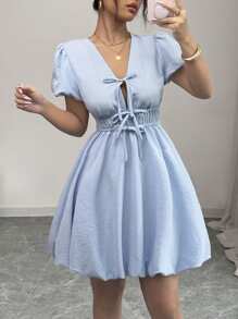 Rafferiza Elegant French Fashion V-Neck Tie-Up Balloon Sleeve Solid Color Midi Dress For Women