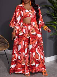 Slaydiva 3pcs Plus Size Women's Tropical Plant Print Loose Vacation Beach Set - Red - View 1