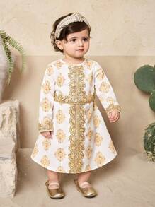 SHEIN 女婴花卉印花长袖连衣裙，优雅金色设计，适合夏季 - 白色 - 查看 1