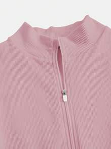 Ribbed Knit Jumpsuit With Half Zip - Rosa - View 4