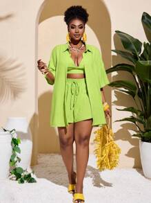 Slaydiva Plus Size 3pcs/Set Casual Vacation Outfit, Including Loose Short Sleeve Shirt, Short Camisole, And Shorts For Women,Holiday Outfits - Green - View 9