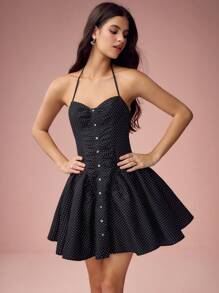 Enchnt Romantic Black Retro Polka Dot Print Sleeveless Button-Down Mini Dress Is Perfect For Spring And Summer. The Neckline Features A Bow, Exuding Sweetness, Elegance, And Sexiness. It's Ideal For Birthdays, Holiday Parties, Romantic Dates, Daily Commutes, Vacations, Graduation Season, Music Festivals, And More – A Perfect Choice For Women's Summer Wear And Carnivals. - Black - View 3