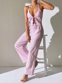 SHEIN PETITE 2pcs/Set Striped Halter Neck Camisole And Wide Leg Pocket Pants