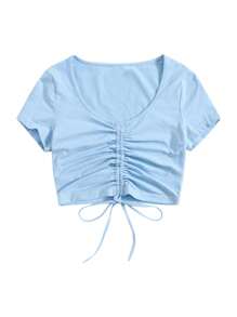 Muchica تي شيرت مكشكش برباط وبلون موحد - أزرق فاتح اللون - مشاهدة 4