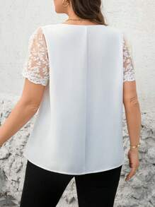 SHEIN Clasi Plus Size Summer Lace Patchwork Hollow Out Collar Vacation Blouse - White - View 2