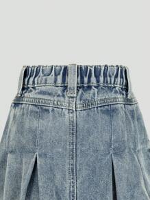 Sparklyn 年轻女孩复古时尚百搭简约褶皱洗水牛仔迷你裙