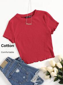 SHEIN EZwear Solid Lettuce Trim Rib-knit Tee - Burgundy - View 6