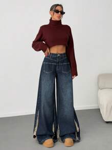 EURMUSE HIGH WAIST WIDELEG JEAN WITH POCKET DETAIL - Medium Wash - View 6