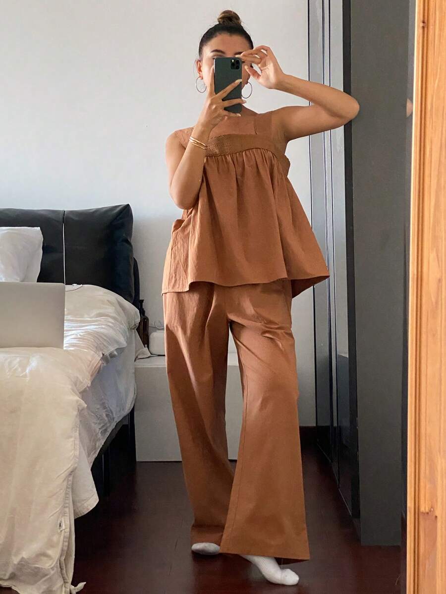 DAZY Simple Wide Strap Ruched Design Top And Loose Straight Leg Pants Pajama Set - Khaki - View 1