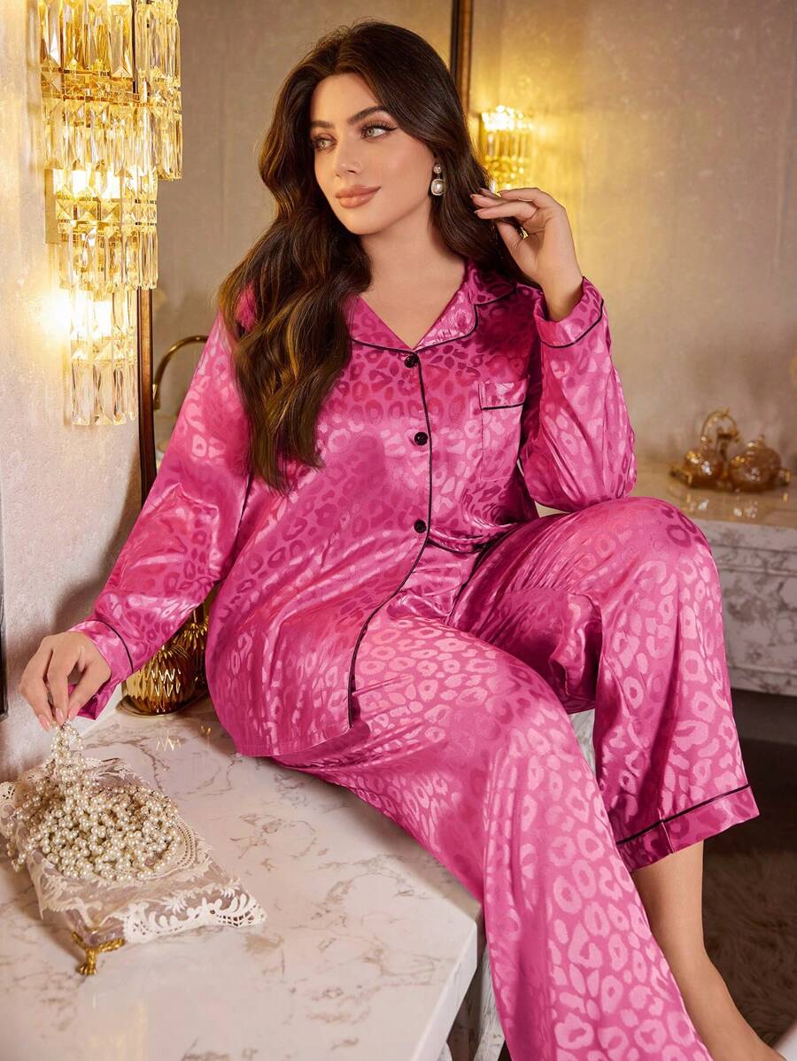 SHEIN MuseNap CURVE Plus Size Leopard Jacquard Faux Silk Notch Collar Top & Pants Sleepwear Set, Fall Winter Clothes - Hot Pink - View 1