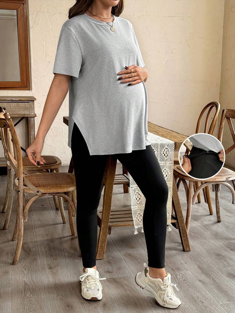 SHEIN 2 件套纯色宽松孕妇上衣和紧身裤 - 淺灰色 - 查看 1