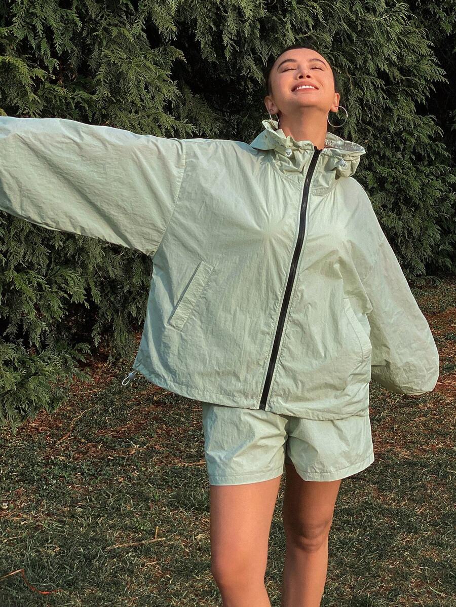 DAZY 2pcs/Set Women Loose Hooded Long Sleeve Jacket And Shorts Set, Casual Sports, Spring/Summer,Fall Clothes Lounge Sets For Women - Green - View 1
