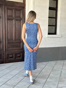 Pariaura Vestido ajustado para damas de estilo francés casual con cuello en forma de corazón y estampado sin mangas