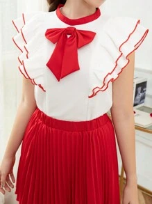 SHEIN 情人节少女红色蝴蝶袖褶皱 A 字裙