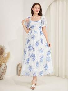 SHEIN 少女复古蓝白花卉印花荷叶边袖 A 字长裙，松紧腰优雅度假裙，适合情人节、度假风格、假日休闲、女童连衣裙、夏季/女童夏季服装/夏季服装、公主女童连衣裙 - 淺藍色 - 查看 6