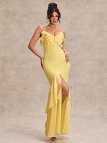 SHEIN BAE Vestido elegante con espalda descubierta, adecuado para boda, dama de honor y baile de graduación, de unicolor, de gasa, con volantes y abertura en la parte delantera, para mujer, para primavera y verano - Amarillo - Ver 7