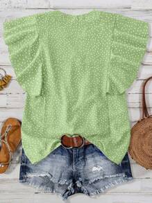 SHEIN LUNE Casual V-Neck Keyhole Half-Open Ruffle Sleeve Polka Dot Blouse - Multicolor - View 2