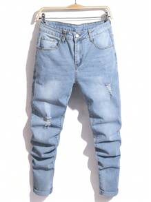 Manfinity LEGND Men's Casual Washed Ripped Skinny Fit Jeans - Light Wash - View 1