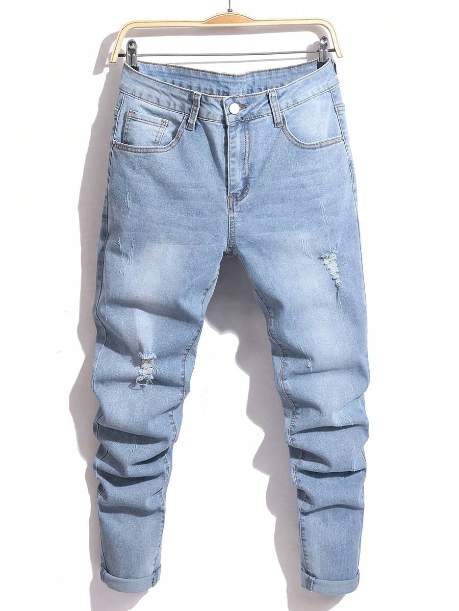 Manfinity LEGND Men's Casual Washed Ripped Skinny Fit Jeans - Light Wash - View 1