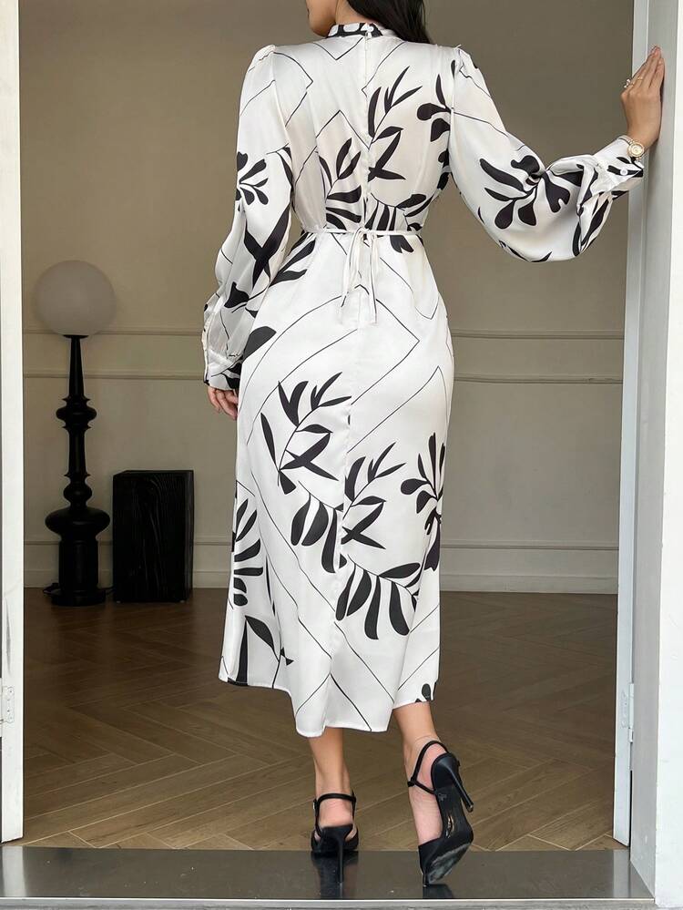 New Arrival Spring/Fall Floral Print Waisted Women Long Dress Long Sleeve Dress