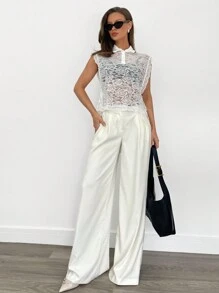 SHEIN Essnce Valentine's Day Lace Polo See-Through Bow T-Shirt Top Women's Casual Sleeveless Top, Fashion Minimalist Design For Everyday Wear - White - View 5