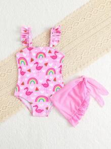 Baby Girl Flamingo Print Ruffles One-Piece Swimsuit With Mesh Skirt
