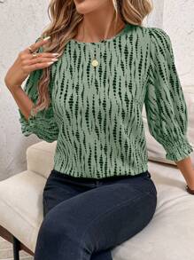 SHEIN Clasi Women's Round Neck Mid-Sleeve Loose Casual Shirt - Green - View 6