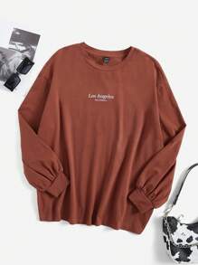 SHEIN EZwear 字母圖案落肩T恤 - 鏽棕色 - 查看 1