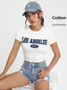 SHEIN EZwear 字母圖案短款T恤 - 白色 - 查看 7