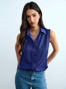 Lumivelle Elegant New Satin Shirt Blouse, Mid-Length Top With Lapel Drapery, Women Fashion Solid Color Sleeveless Turndown Collar Shirt, Office Workwear