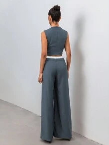 Chiquease Women Solid Front Button Sleeveless Top And Pants Suit, Simple