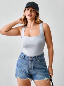 SHEIN BASICS Plus Size Solid Color Sleeveless Crew Neck Fitted Knit Tank Top - Light Grey - View 1