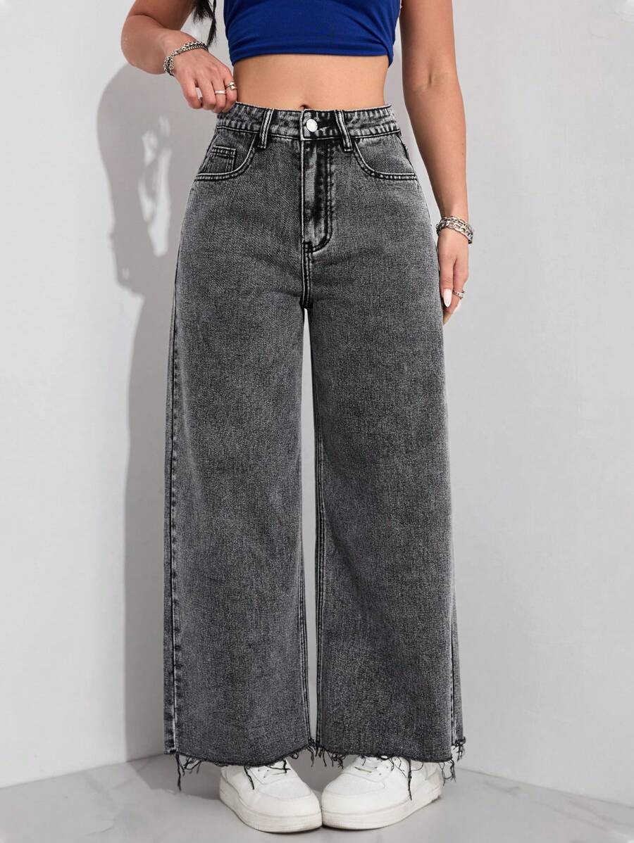 Quần Jeans Denim Ống Rộng Túi Rộng Thường Ngày Cho Nữ - Màu xám đen - Xem 1