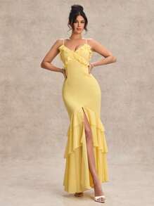 SHEIN BAE Vestido elegante con espalda descubierta, adecuado para boda, dama de honor y baile de graduación, de unicolor, de gasa, con volantes y abertura en la parte delantera, para mujer, para primavera y verano - Amarillo - Ver 4
