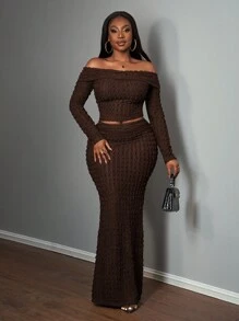 Slaydiva 优雅派对露肩长袖上衣和裙子女士套装 - A - 棕色 - 查看 4