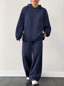 SHEIN EZwear 海军蓝保暖内衬宽松落肩连帽衫和阔腿运动裤两件套 - 藏蓝色 - 查看 3