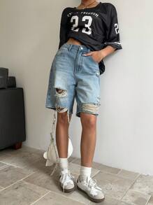 SHEIN ICON 女士牛仔百慕大短裤，休闲破洞工装百慕大短裤，蓝色，夏季服装，女士春季服装，女士沙滩装，女士早午餐装，女士牛仔装 Y2k 女士服装 - 藍色 - 查看 4