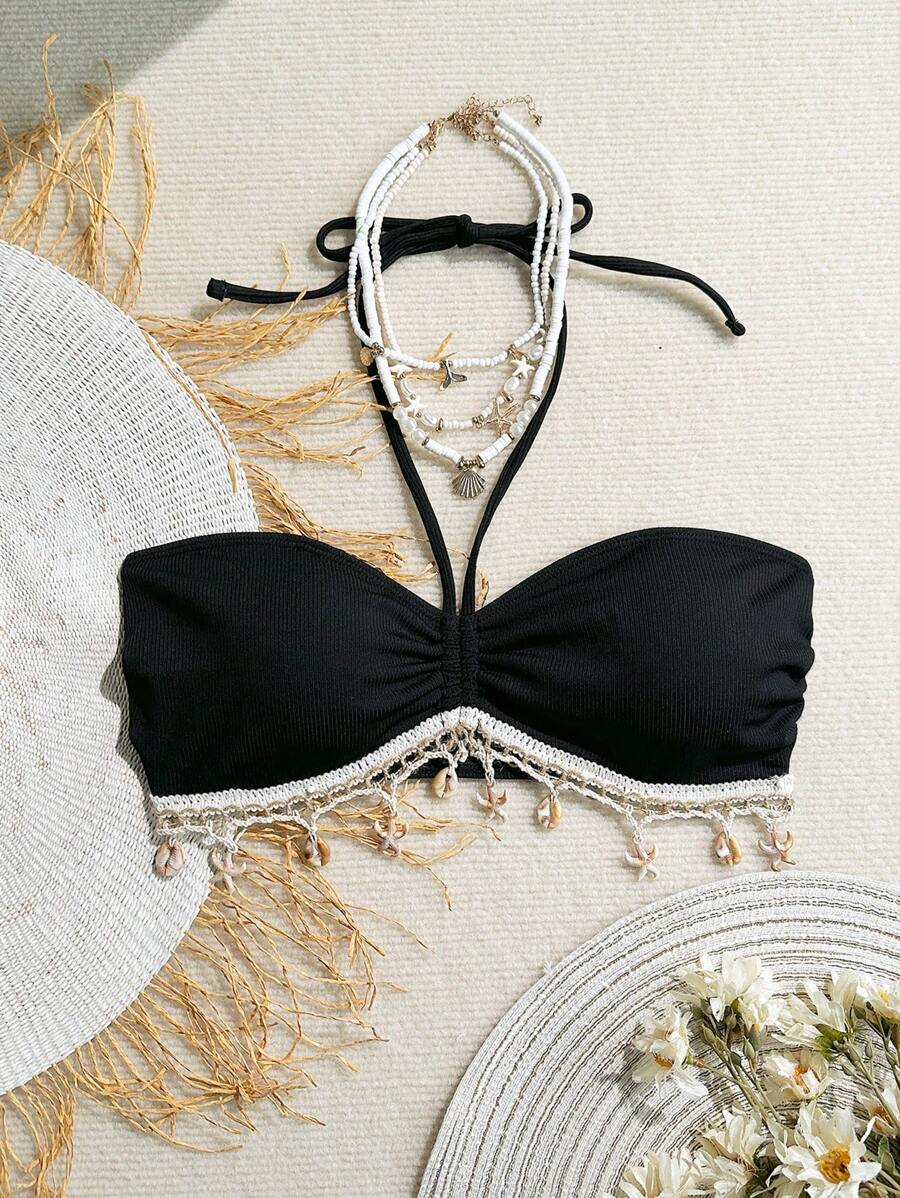 Swim Vcay 1 pieza Parte superior de traje de baño para mujer con cuello de halter y tela acanalada, con diseño de elementos oceánicos y borlas, casual y cómodo para las vacaciones en la playa - Negro - Ver 1