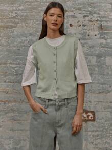 MUSERA Knit Button Up Ribbed Hem Boxy Fit Crew Neck Vest Christmas Winter Elegant Party Evening