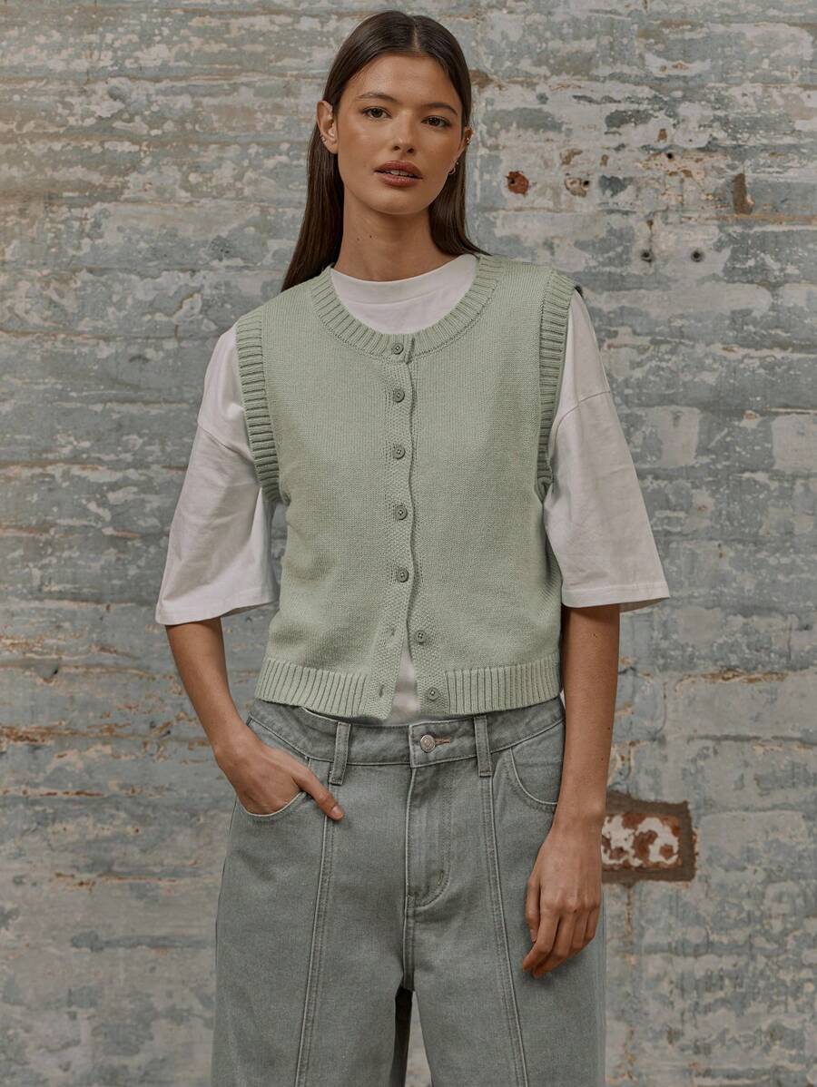 MUSERA Knit Button Up Ribbed Hem Boxy Fit Crew Neck Vest Christmas Winter Elegant Party Evening