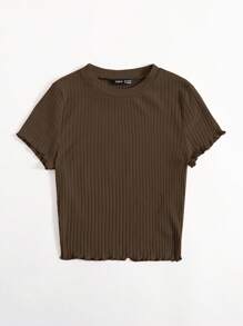 SHEIN EZwear Solid Lettuce Trim Rib-knit Tee