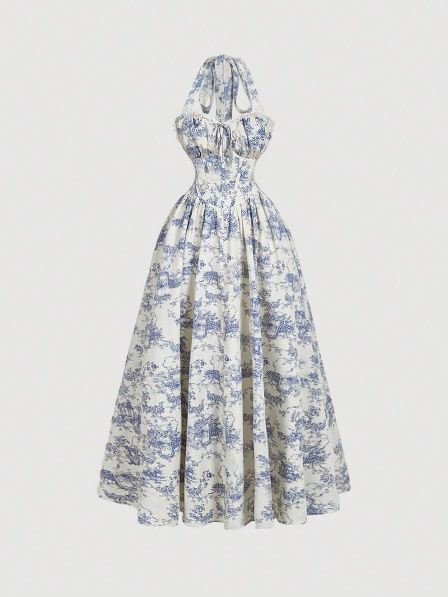 SHEIN MOD 女式复古碎花褶饰腰部优雅挂脖中长连衣裙，女士度假装，女士夏季装，女士西部装，乡村装，海滩度假装，情人节，女士波西米亚风连衣裙