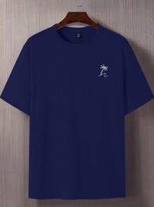 Manfinity Homme Men's Plus Size Round Neck Short Sleeve Print Casual T-Shirt, Navy Blue Graphic Tee, Dark Blue Graphic Tee - Royal Blue - View 3