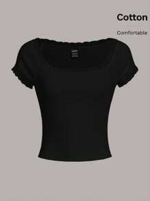 SHEIN EZwear 夏季外出圆领生菜边罗纹针织黑色 T 恤 - 黑色 - 查看 5