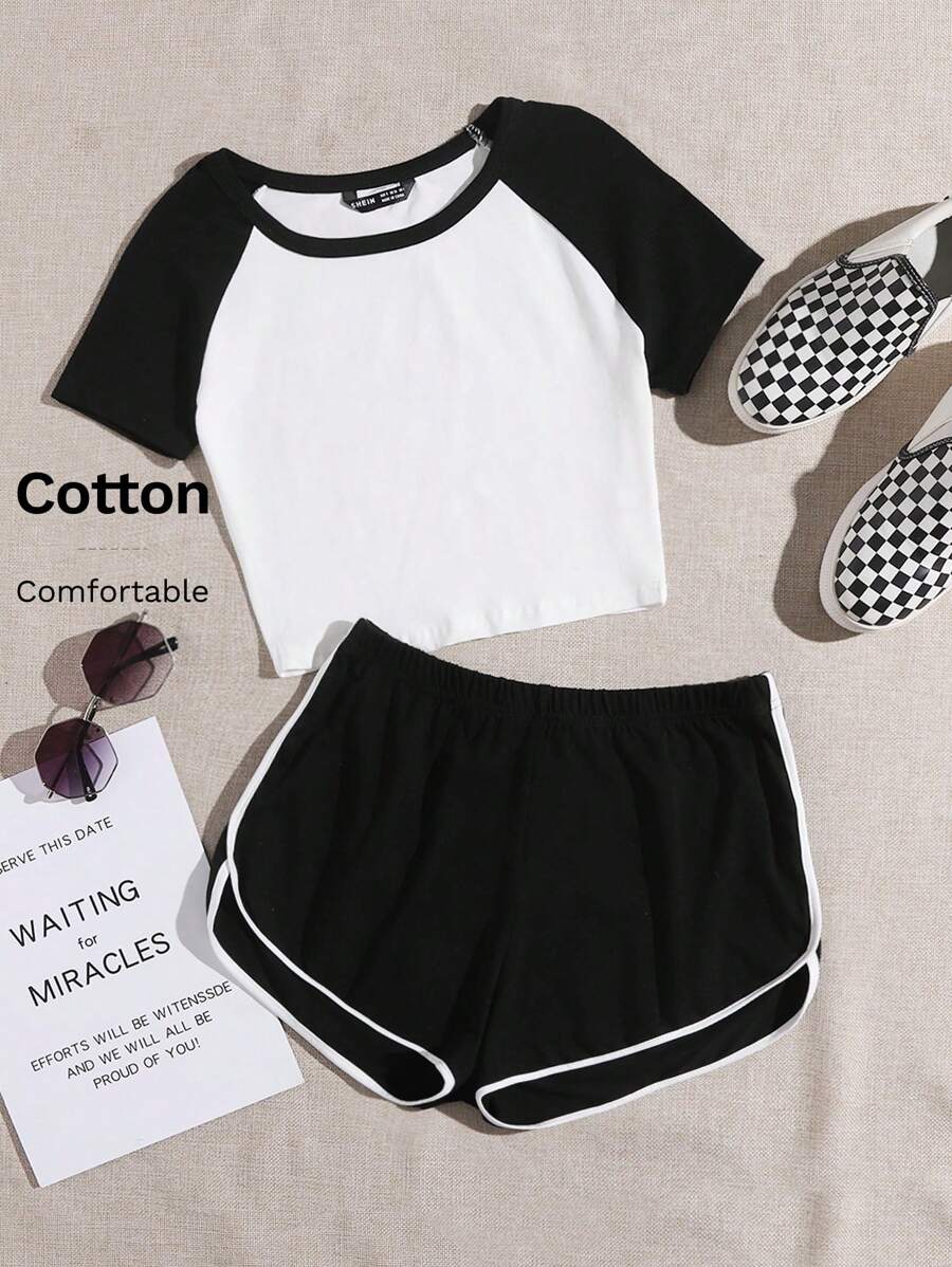 SHEIN EZwear 插肩袖短版上衣和海豚短褲套裝