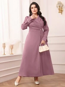 Modelyn Plus Size Women Solid Color Pleated Ruffle V-Neck Long Sleeve Dress - Pink - View 1