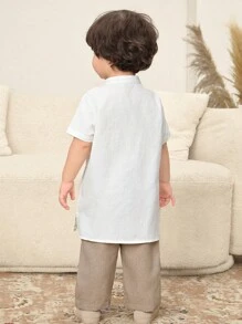 SHEIN 2pcs/Set Babyboy Summer Cute White Short Sleeve Long Robe Collar Shirt And Beige Casual Long Pants Suit, Suitable For Birthday Party, Evening Party, Performance, Wedding, Month Celebration, Baptism And First Birthday - Multicolor - View 2
